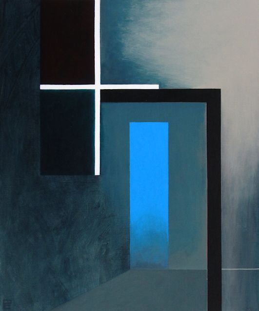 Abstract acrylic painting by Peter Colstee with white cross