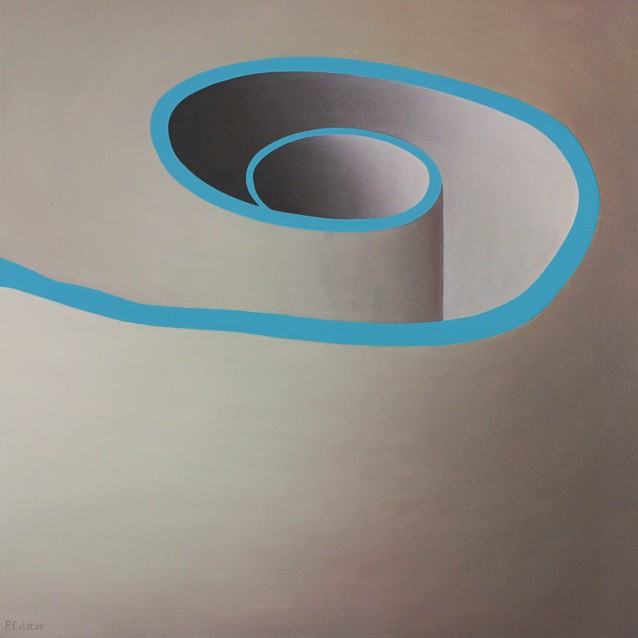 Abstract oil painting by Peter Colstee of a blue spiral in grey background rolled up like a pape