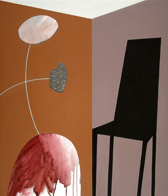 Abstract oil painting by Peter Colstee of a interior with a black chair and a strange form in the room