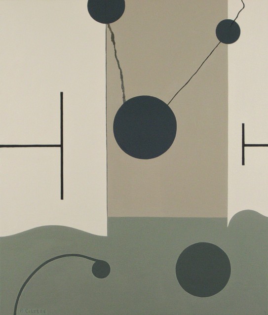 Abstract oil painting by Peter Colstee of an interior in light colors of a room with abstract forms in it