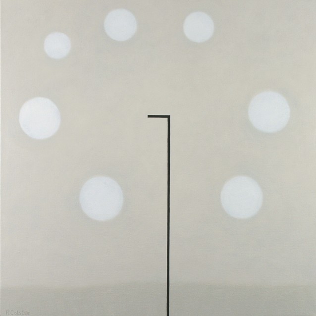 Abstract oil painting by Peter Colstee in light colors with seven round fields floating around a small black pole