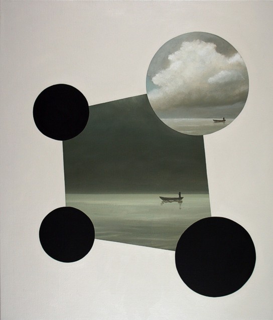 Abstract oil painting by Peter Colstee in light colors with a square in the middle with a landscape and a boat