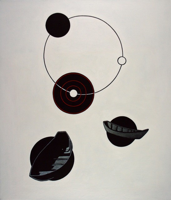 Abstract oil painting by Peter Colstee in light colors of thin lined circles and a target with two floating boats in black