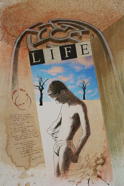 Collage by Peter Colstee after a poem by Kaváfis of a standing young boy with a labyrinth above him
