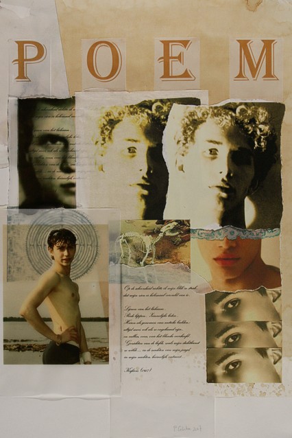 Collage by Peter Colstee after a poem by Kaváfis with cut outs of cute and beautiful boys and eyes