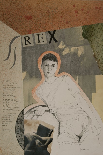 Collage by Peter Colstee after a poem by Kaváfis of a young, cute boy standing in a room
