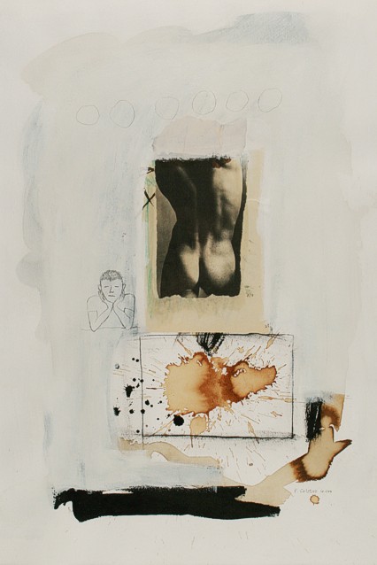 Collage by Peter Colstee of a mans back and a pensived boy sitting beside it with paint spots