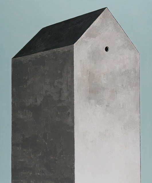Acrylic painting of a simple house without doors with a small round window in the top