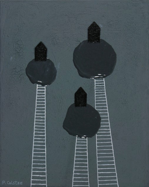 Oil painting by Peter Colstee with three houses with ladders