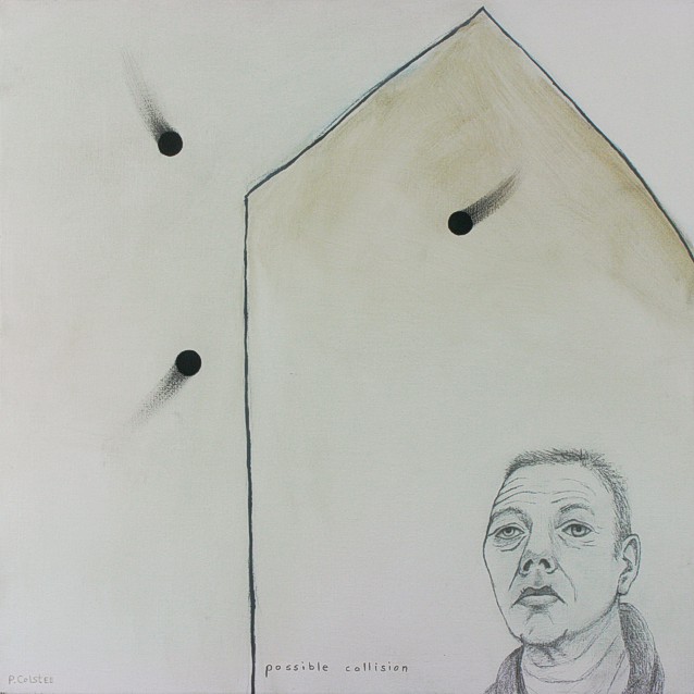 Painting by Peter Colstee of a line house on white background with a selfportrait in pencil in the corner with three black dots almost collapsing