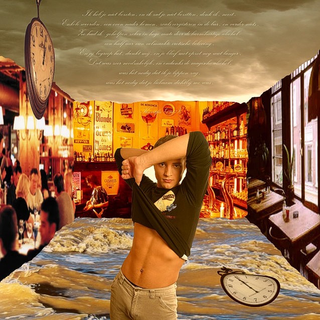 Photomontage by Peter Colstee after a poem by Kaváfis with a young boy taking of his shirt in a room like  a café with gulfs and clouds