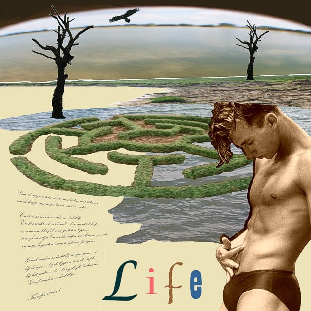 Photomontage by Peter Colstee after a poem by Kaváfis with a young boy standing in the corner with a labyrinth, two dead trees, water and an eagle in the background