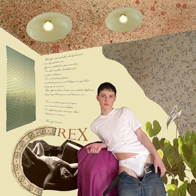 Photomontage by Peter Colstee after a poem by Kaváfis with a young boy standing eroticly in a room with two lamps and a window in the background