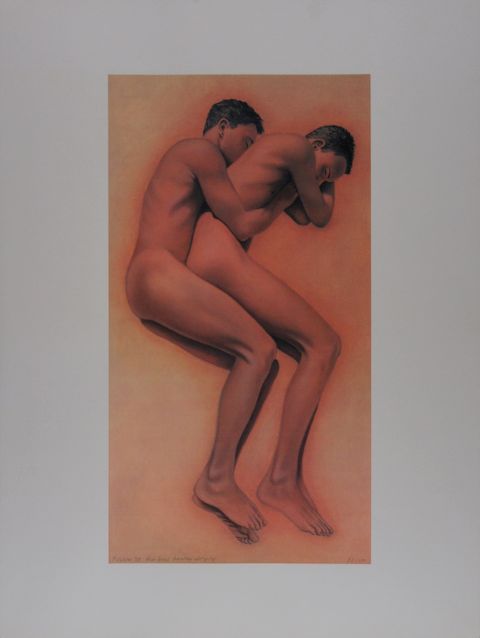 Silkprint by Peter Colstee of two boys clinging together