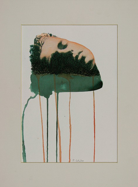 Drawing by Peter Colstee of a sleeping boyshead with dripping paint