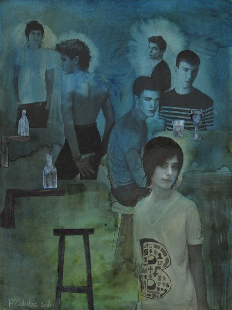 Drawing by Peter Colstee of a cafe filled with boys