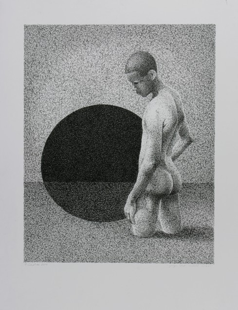 ink drawing of black circle with boy