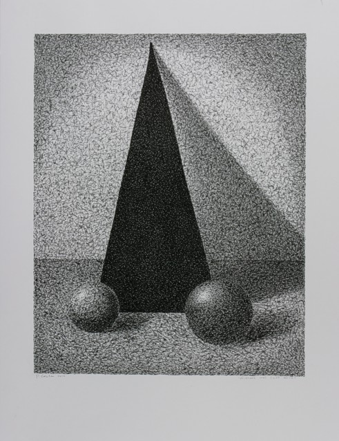 ink drawing of black triangle with two balls