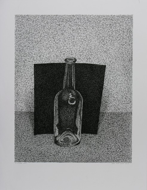 ink drawing of black square with bottle