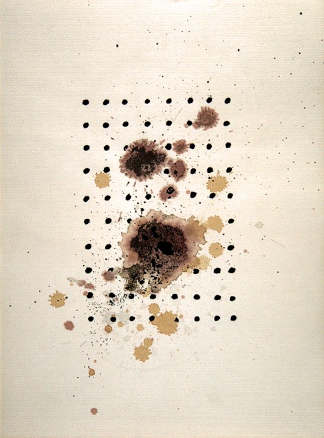 Drawing on paper with ink and paint by Peter Colstee with ink dots and ink splashes