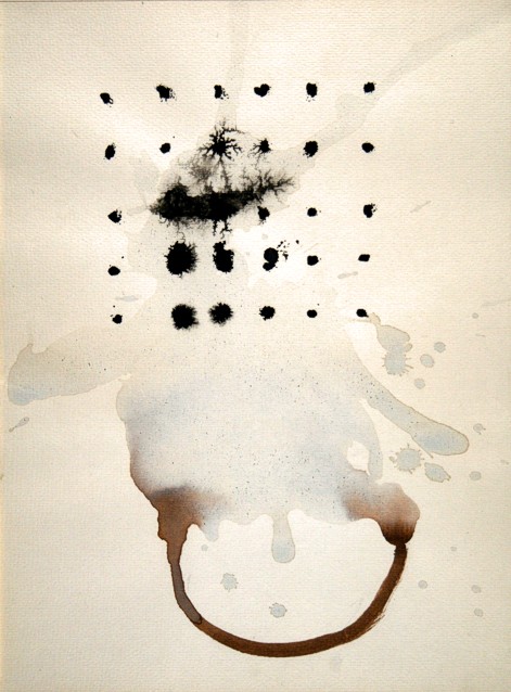 Drawing on paper with ink and paint by Peter Colstee with ink dots in wet paint