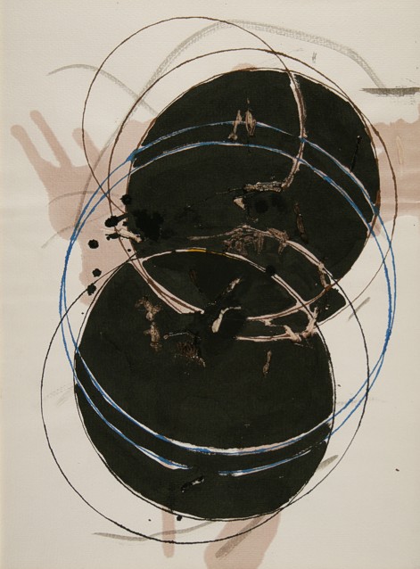Drawing on paper with ink, glue and paint by Peter Colstee with two black circles and open circles
