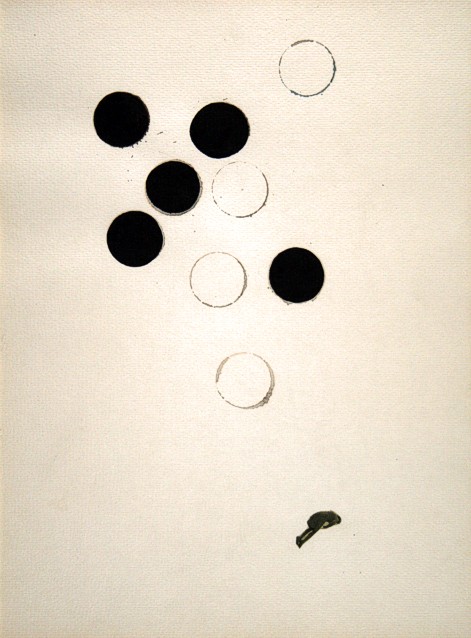 Drawing on paper with ink and a newspaper photo by Peter Colstee with black dots and open cicles with floating person