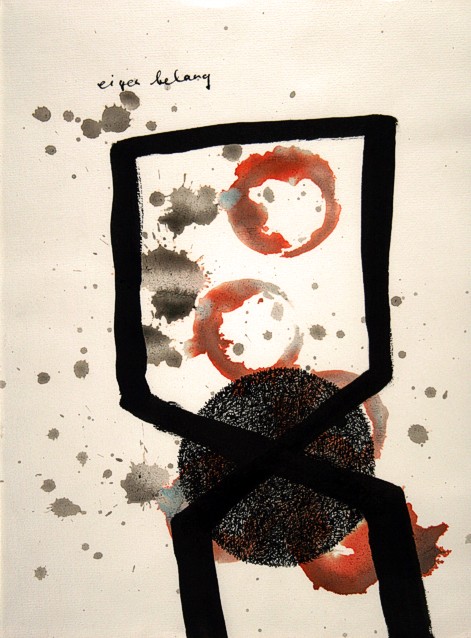Drawing on paper with ink and paint by Peter Colstee with an abstract form and ink and paint spots