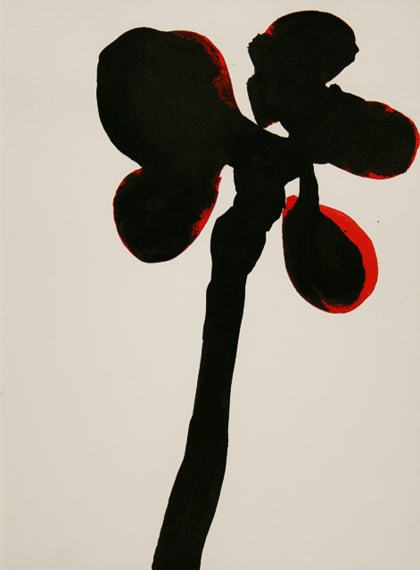 Drawing on paper with ink and paint by Peter Colstee with a black form looks like a flower