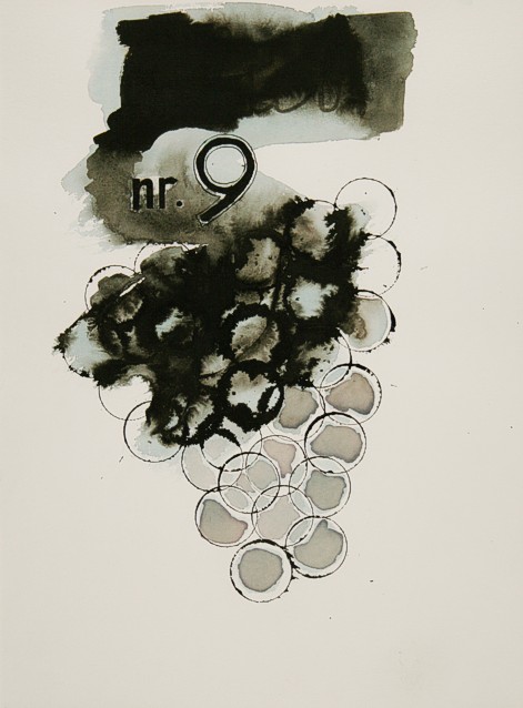Drawing on paper with ink and paint by Peter Colstee of grapes with the number nine on white background