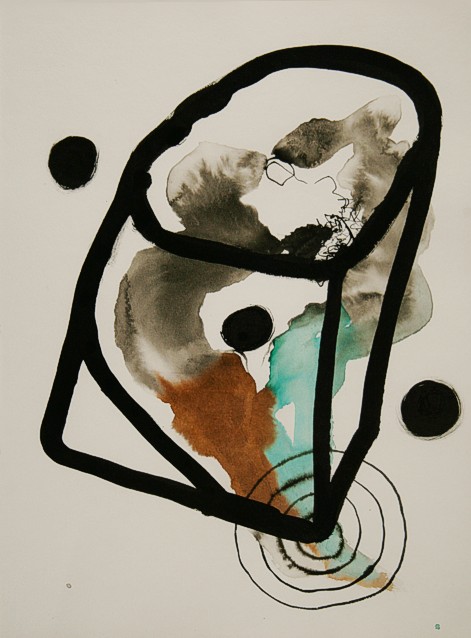 Drawing on paper with ink and paint by Peter Colstee with a form of a black box with different circles and black dots in it