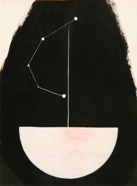 Drawing on paper with ink and paint by Peter Colstee with the silhouette of a white sailing boat in a dark background