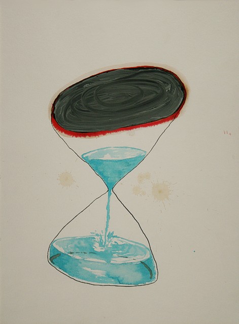 Drawing on paper with ink and paint by Peter Colstee of an hour-glass or sand-glass on white background