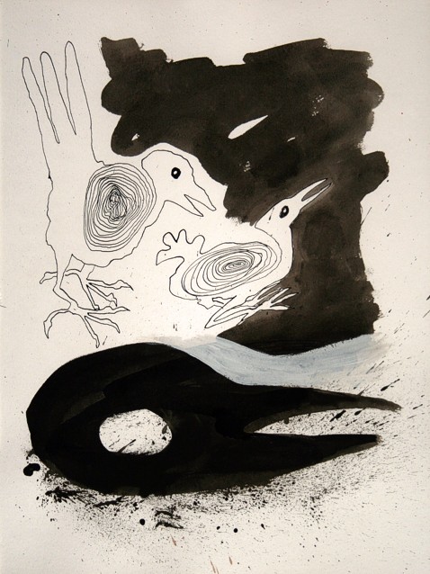 Drawing on paper with ink and paint by Peter Colstee with two birds fucking and a skull of a bird in front