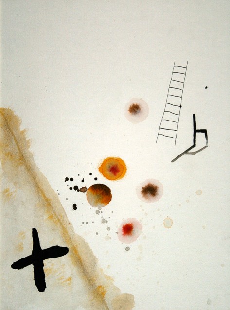 Drawing on paper with ink and paint by Peter Colstee with a little chair and inkspots in light surroundings