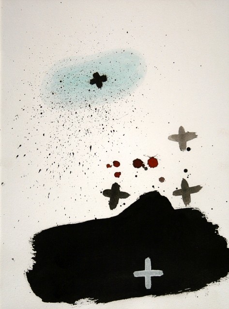 Drawing on paper with ink and paint by Peter Colstee with black spot at the bottom and floating crosses and inkspots like a landscape