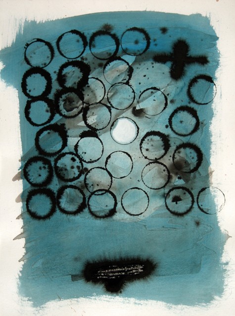 Drawing on paper with ink and paint by Peter Colstee with printed black circles on wet blue background color