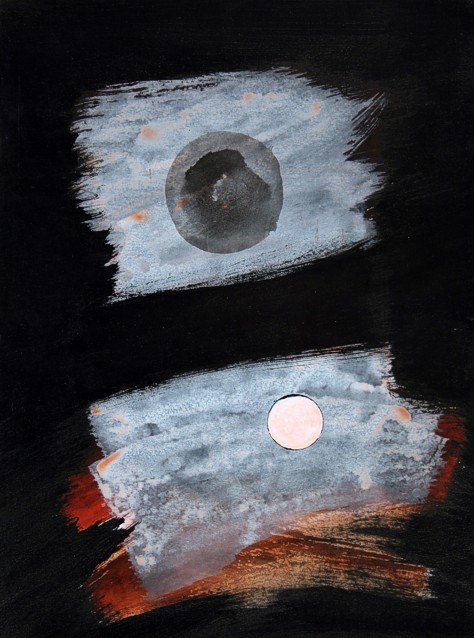Drawing on paper with ink and paint by Peter Colstee with two white rectangles with round forms in it on black background looks like planets