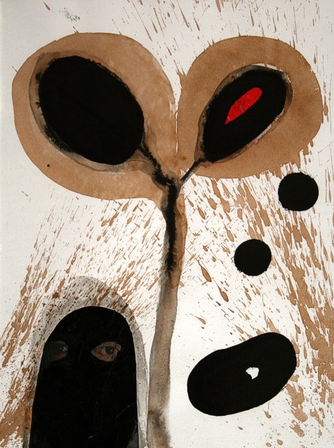 Drawing on paper with ink and paint by Peter Colstee with an eye and black forms and ink spots