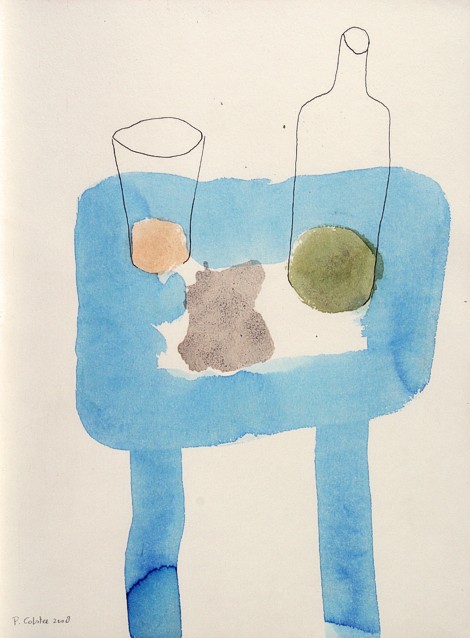 Drawing on paper with ink and paint by Peter Colstee with a blue transparant table with a still life on it in ink lines