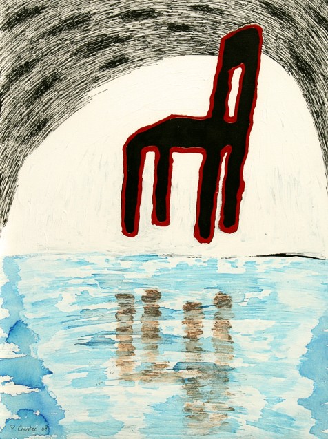 Drawing on paper with ink and acrylic paintby Peter Colstee of a floating black chair in a kind of cave with blue water