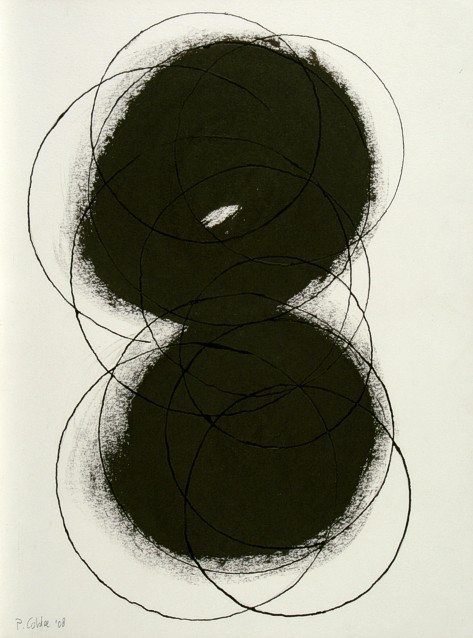 Drawing on paper with ink by Peter Colstee with two black cicles with a erasure of black line circles over it