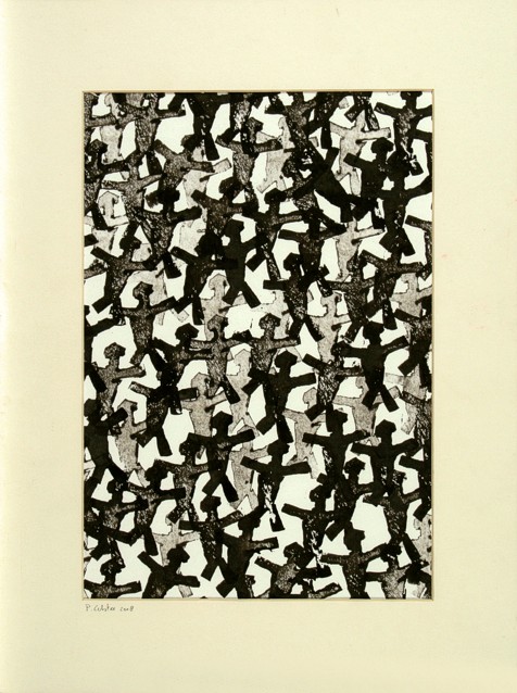 Drawing on paper with ink by Peter Colstee with many prints of peolple over each other as a crowded world