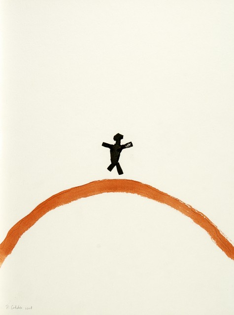 Drawing on paper with ink and paint by Peter Colstee with one littel human being walking over a round bridge