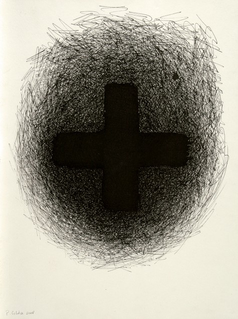 Drawing on paper with ink by Peter Colstee with a black form scratched with ink with a black cross in the middle of it