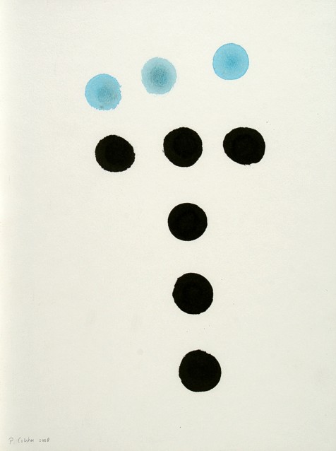 Drawing on paper with ink and paint by Peter Colstee with 3 blue dots and 6 black dots like a T form