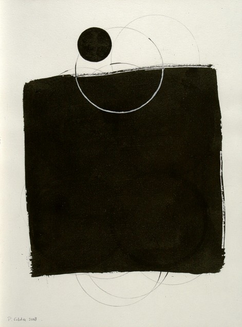 Drawing on paper with ink by Peter Colstee with a big black square and a small round form above it, connected with a line circle