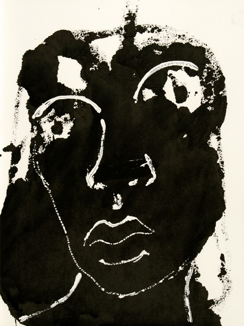 Drawing on paper with ink by Peter Colstee of a female head in close up