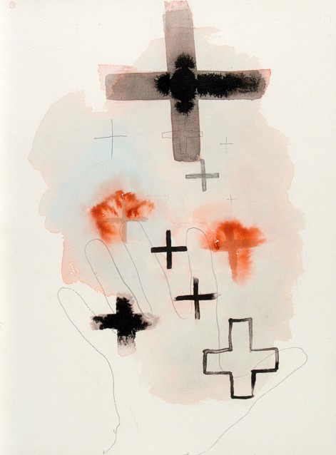 Drawing on paper with ink and paint by Peter Colstee with flying crosses and a handprint