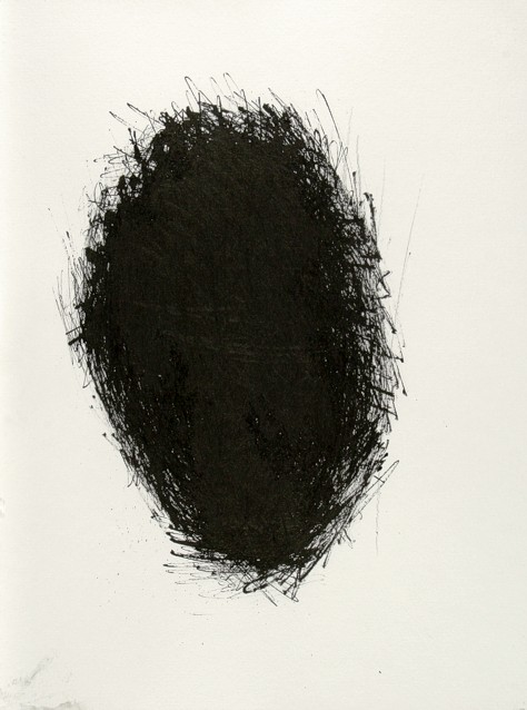Drawing on paper with ink by Peter Colstee of a black form in the middle of the paper